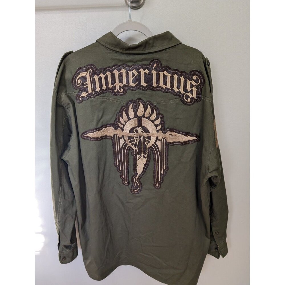 Imperious Delf Trading Mens 3X 4X Embroidered Button Down Green Cargo Grunge Y2K